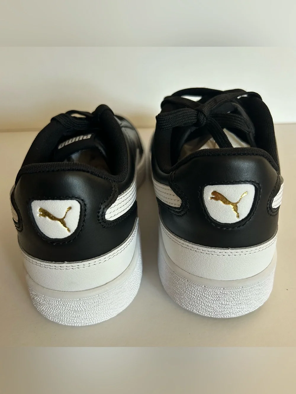 Puma Ralph Sampson Lo Black Leather Sneakers w/White Formstrip and Gold Script